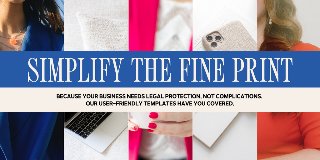 Banner with "SIMPLIFY THE FINE PRINT" in large letters, flanked by images of women working, and text promoting user-friendly legal templates.