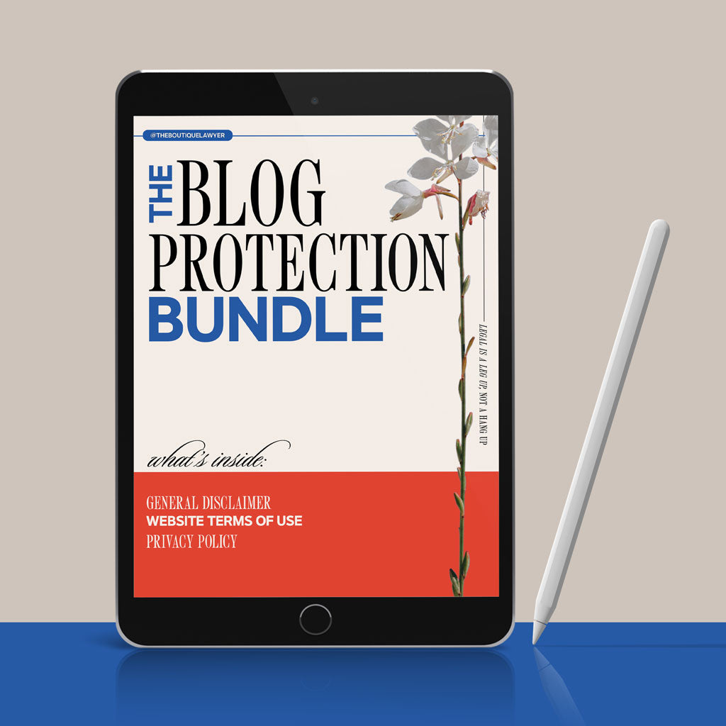 A tablet displaying &quot;THE BLOG PROTECTION BUNDLE&quot; document with a flower, listing contents including an Agreement and Privacy policy with terms of use, with a stylus beside it.