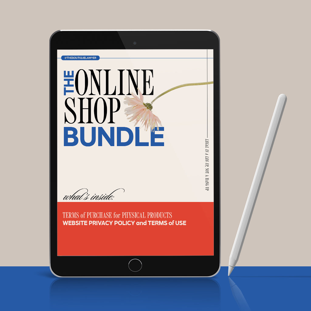 A tablet displaying &quot;THE ONLINE SHOP BUNDLE&quot; document with a flower, listing contents including a Terms of purchase for physical products and privacy policy with terms of use, with a stylus beside it.