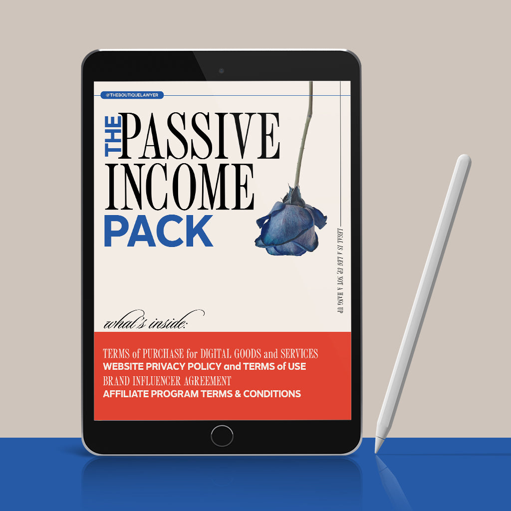 A tablet displaying "THE PASSIVE INCOME PACK" document with a flower, listing contents including a Terms of Purchase for Digital Goods + Services, Brand Influencer Agreement, Affiliate Program Terms & Conditions, Privacy policy with terms of use, with a stylus beside it.