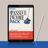A tablet displaying "THE PASSIVE INCOME PACK" document with a flower, listing contents including a Terms of Purchase for Digital Goods + Services, Brand Influencer Agreement, Affiliate Program Terms & Conditions, Privacy policy with terms of use, with a stylus beside it.