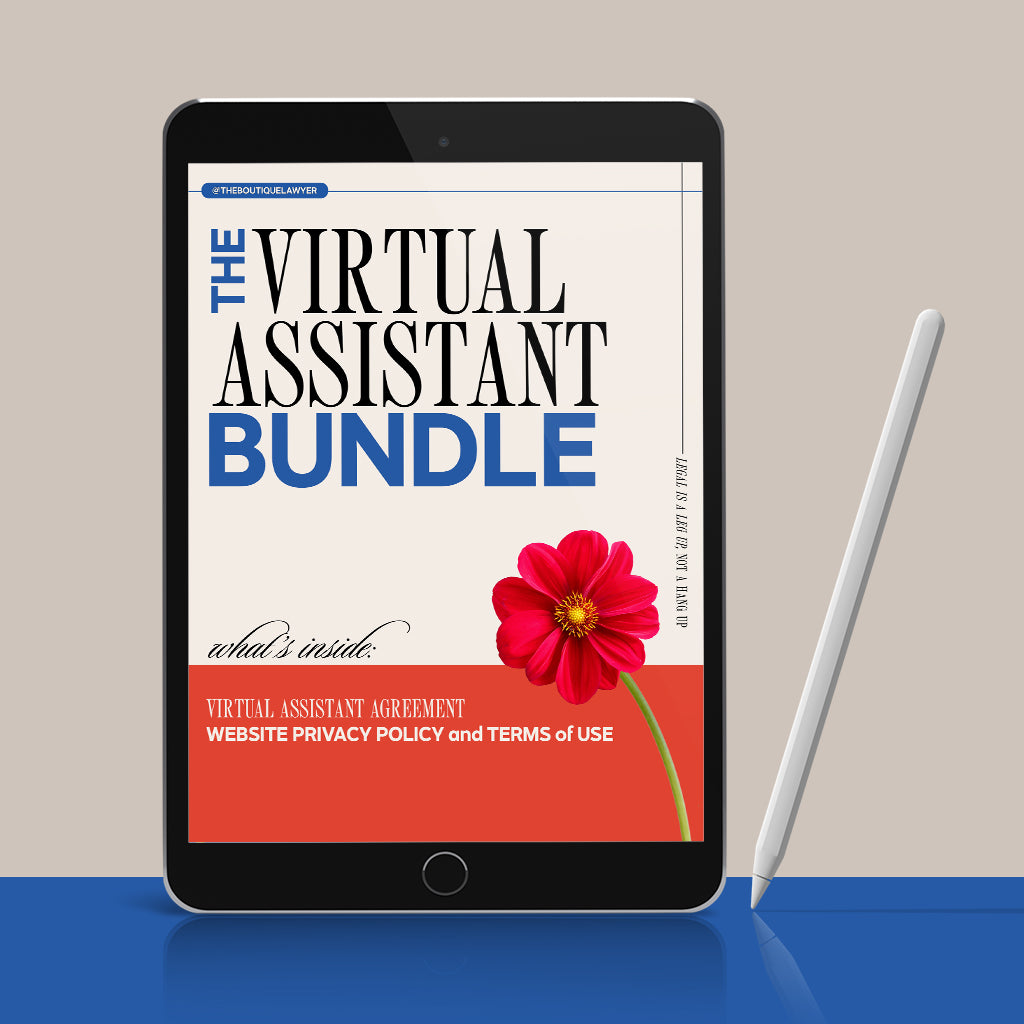 A tablet displaying &quot;THE VIRTUAL ASSISTANT BUNDLE&quot; document with a red flower, listing contents including an agreement and privacy policy with terms of use, with a stylus beside it.