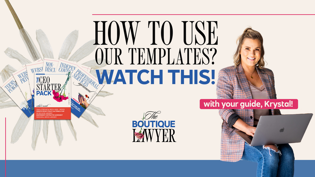 Promotional banner with "HOW TO USE OUR TEMPLATES? WATCH THIS!" featuring a woman with a laptop and legal document samples, with "The Boutique Lawyer" logo.