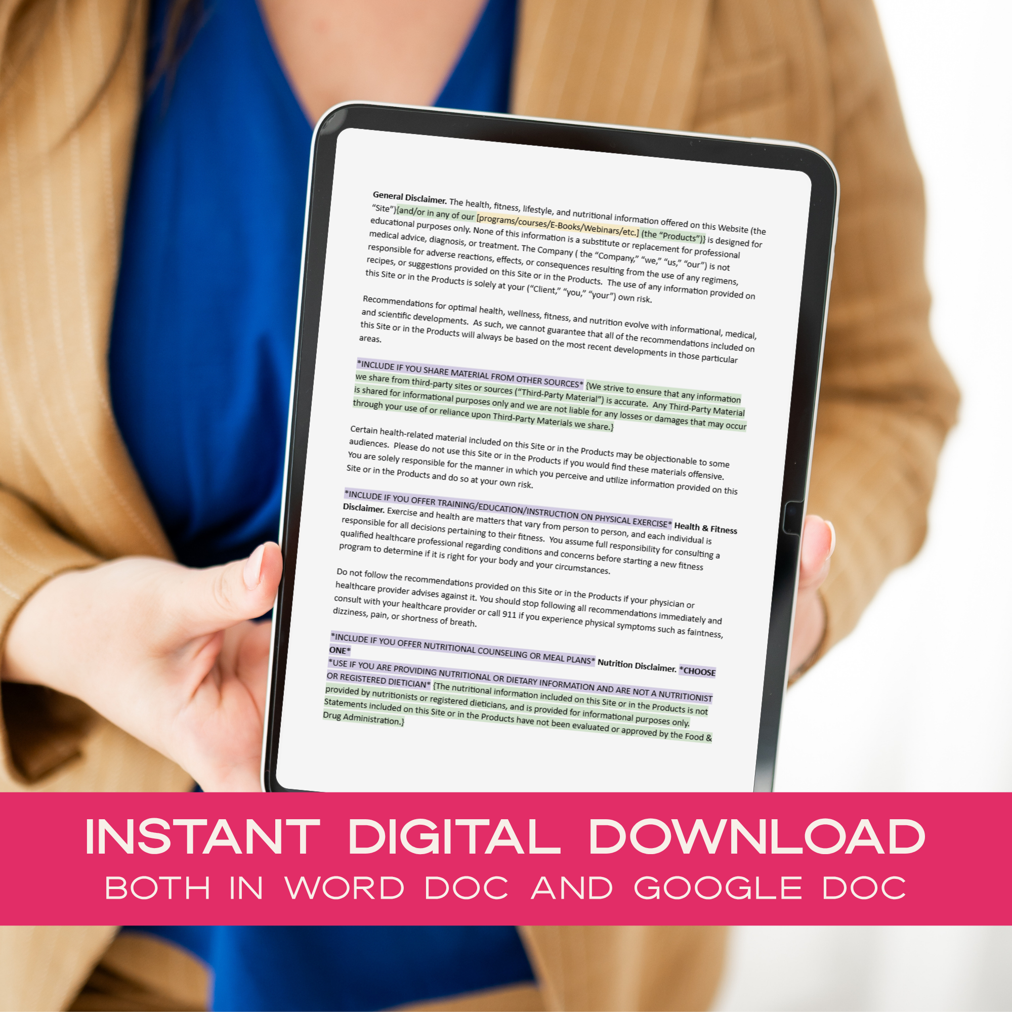 Person holding a tablet with a Health and Wellness Website Disclaimer template on screen, with promotional text about instant digital download.