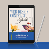 the digital cover of the web design contract template for online service providers offering done-for-you web design services; mockup on tablet on a beige background with blue bottom