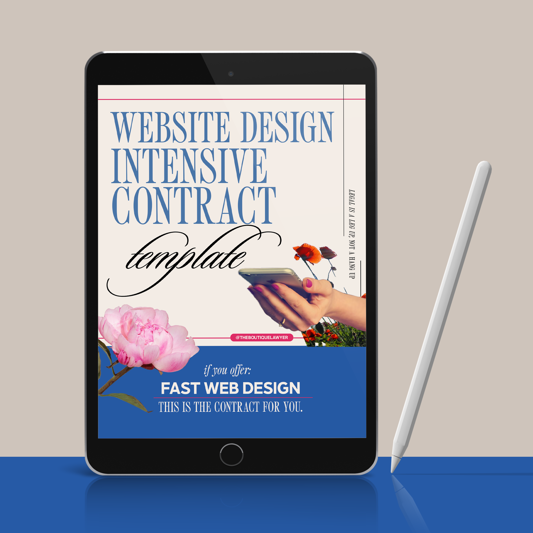 iPad displaying a 'Website Design Intensive Contract Template' on a blue and beige background