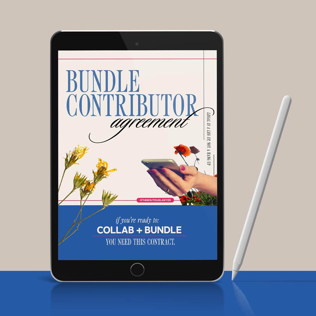 Digital tablet displaying a &quot;Bundle Contributor agreement&quot; with flower and a hand holding a phone, stylus beside it.