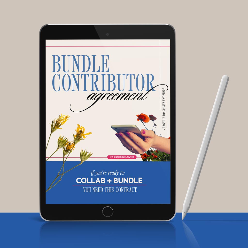 Digital tablet displaying a "Bundle Contributor agreement" with flower and a hand holding a phone, stylus beside it.