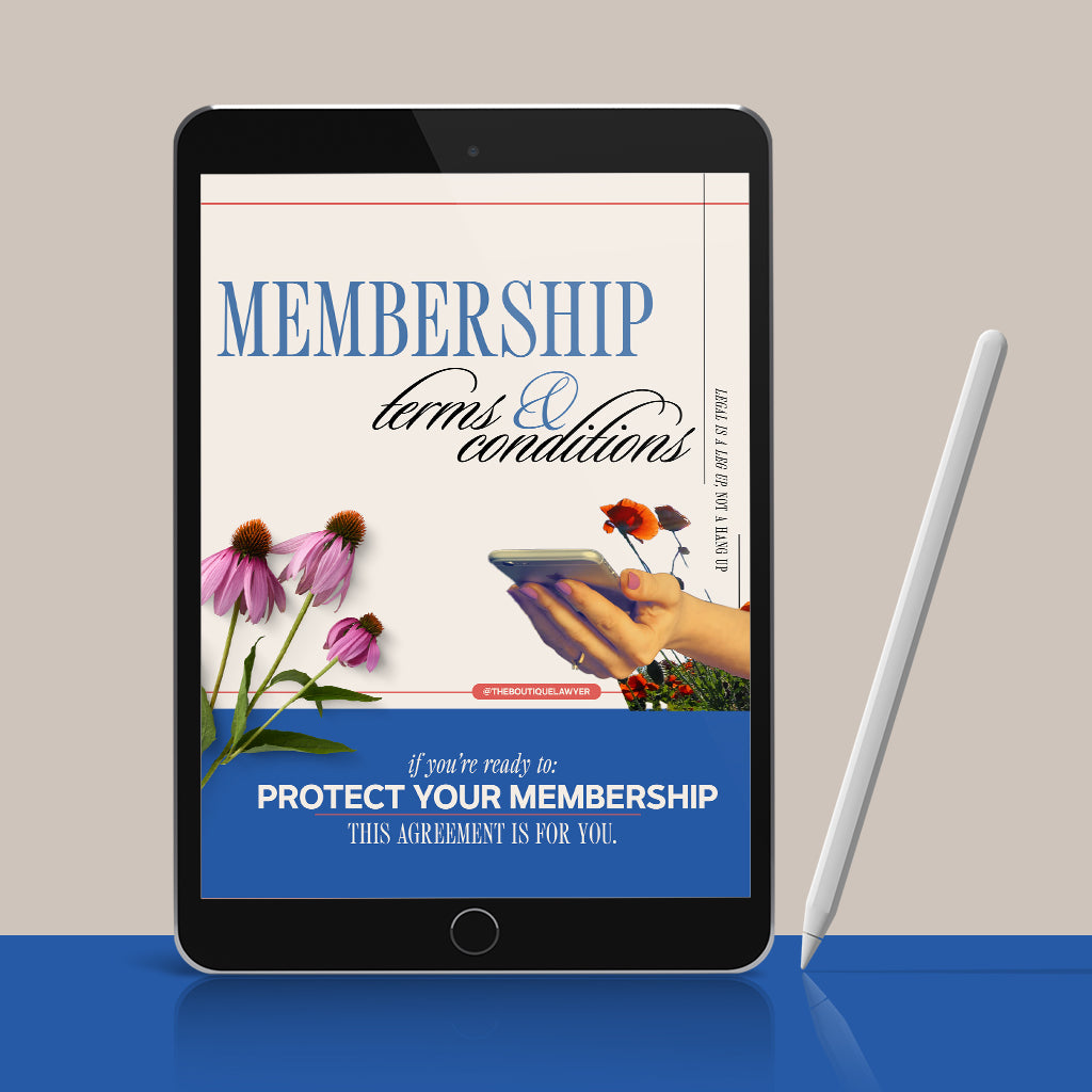 An iPad displaying the cover of a "Membership Terms & Conditions" digital document. The cover features a serene image with pink coneflowers at the bottom, a woman's hand holding a smartphone, and the title in bold, elegant font. Below the title, there's a script font that reads "if you're ready to PROTECT YOUR MEMBERSHIP THIS AGREEMENT IS FOR YOU," indicating the document's purpose. The background is white, with the username @theboutiquelawyer at the top, suggesting a professional legal resource.