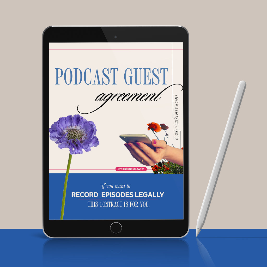 Digital tablet displaying a "Podcast Guest agreement" with flower and a hand holding a phone, stylus beside it.