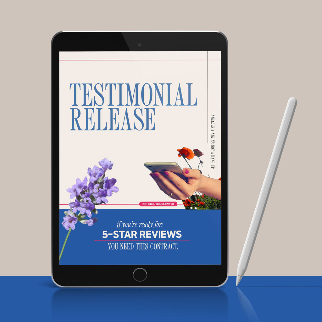 Digital tablet displaying a &quot;Testimonial Release&quot; with flower and a hand holding a phone, stylus beside it.