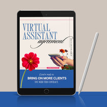 Digital tablet displaying a "Virtual Assistant agreement" with flower and a hand holding a phone, stylus beside it.