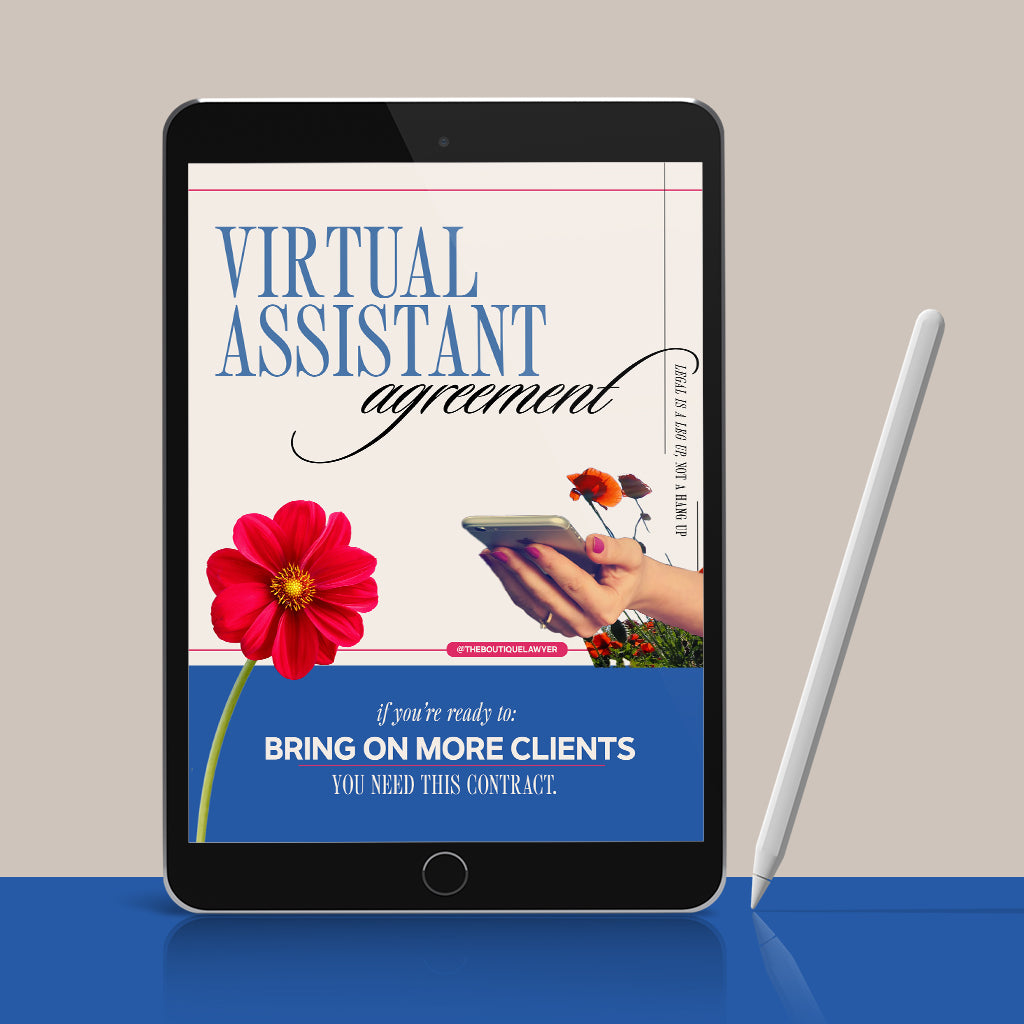 Digital tablet displaying a "Virtual Assistant agreement" with flower and a hand holding a phone, stylus beside it.