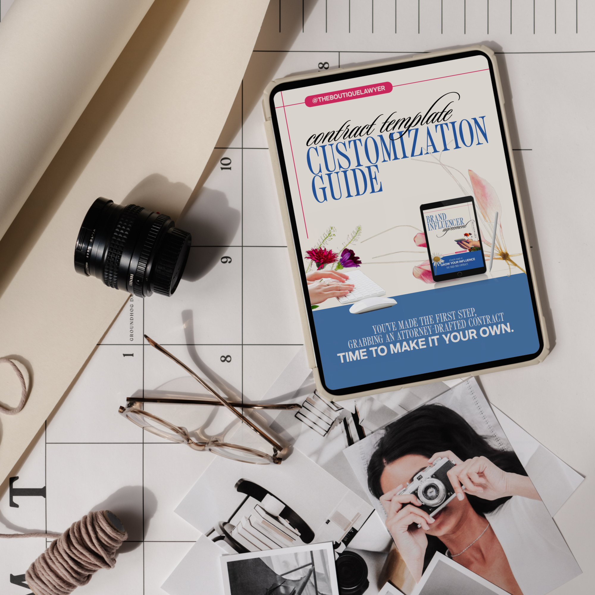 Tablet with the contract template customization guide created by The Boutique Lawyer, an attorney for creatives and service providers.