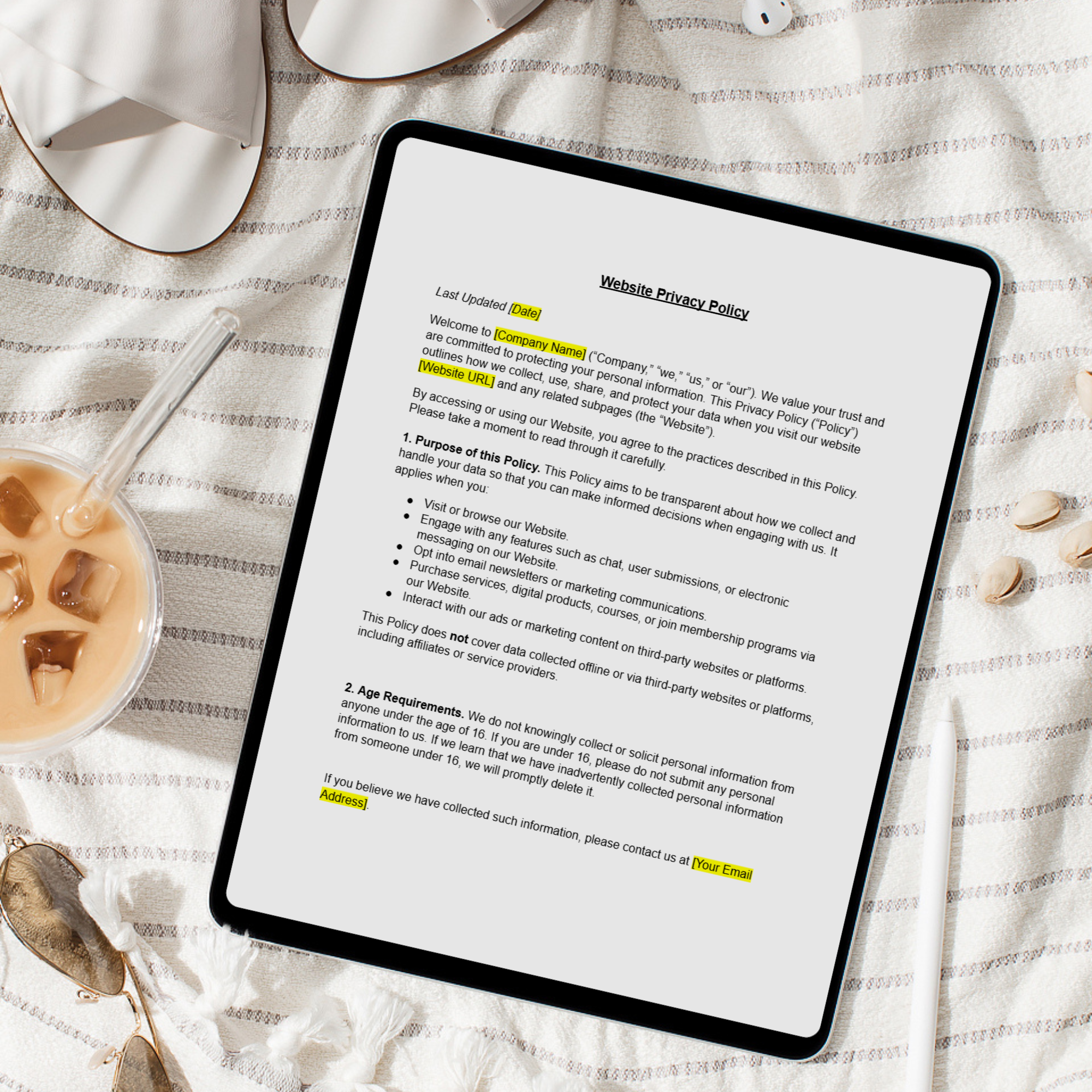 First page of the website policy template and legal document provided and sold by The Boutique Lawyer to help protect online business owners.