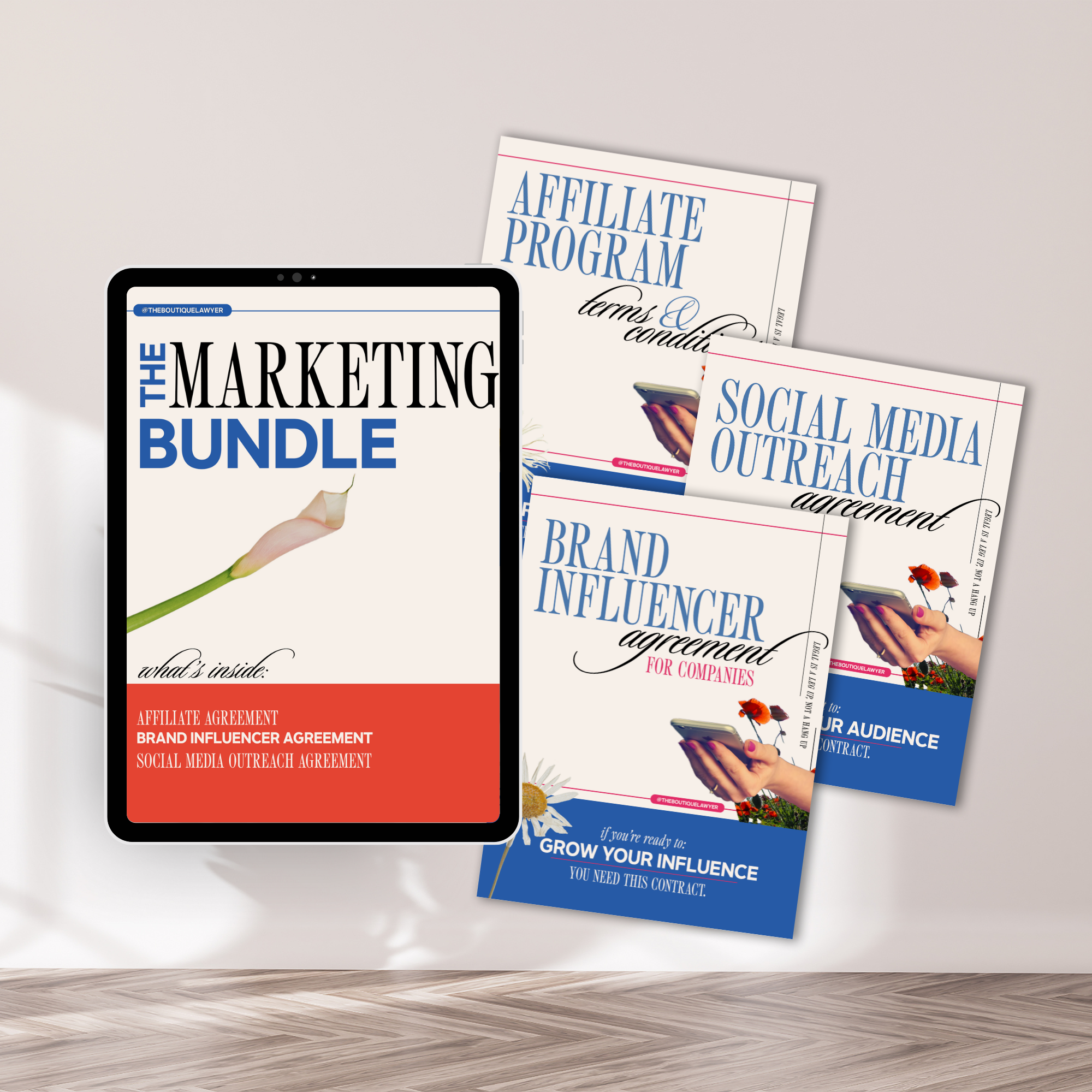 Marketing bundle featuring social media contract templates displayed on a tablet and document mockups, including affiliate agreement, brand influencer agreement, and social media outreach agreement