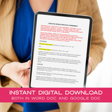 Person holding a tablet with a Creative Design Services Agreement on screen, with promotional text about instant digital download.