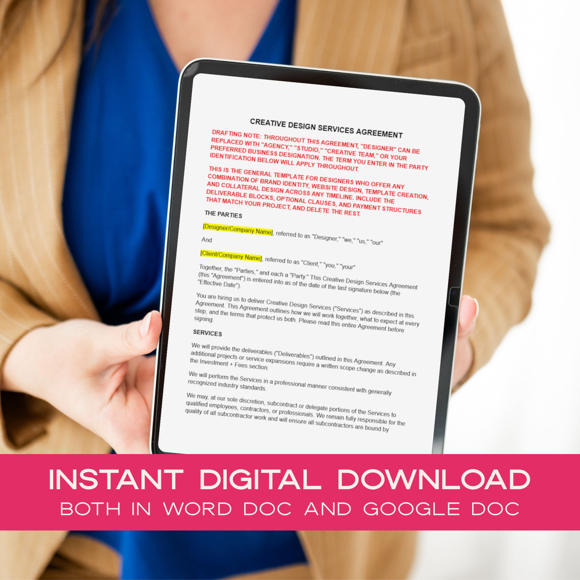 Person holding a tablet with a Creative Design Services Agreement on screen, with promotional text about instant digital download.