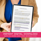 A behind-the-scenes look at a Coaching Terms and Conditions Template for coaches offering one on one services presented on a tablet with a pink banner that says "instant digital download both in word doc and google doc"
