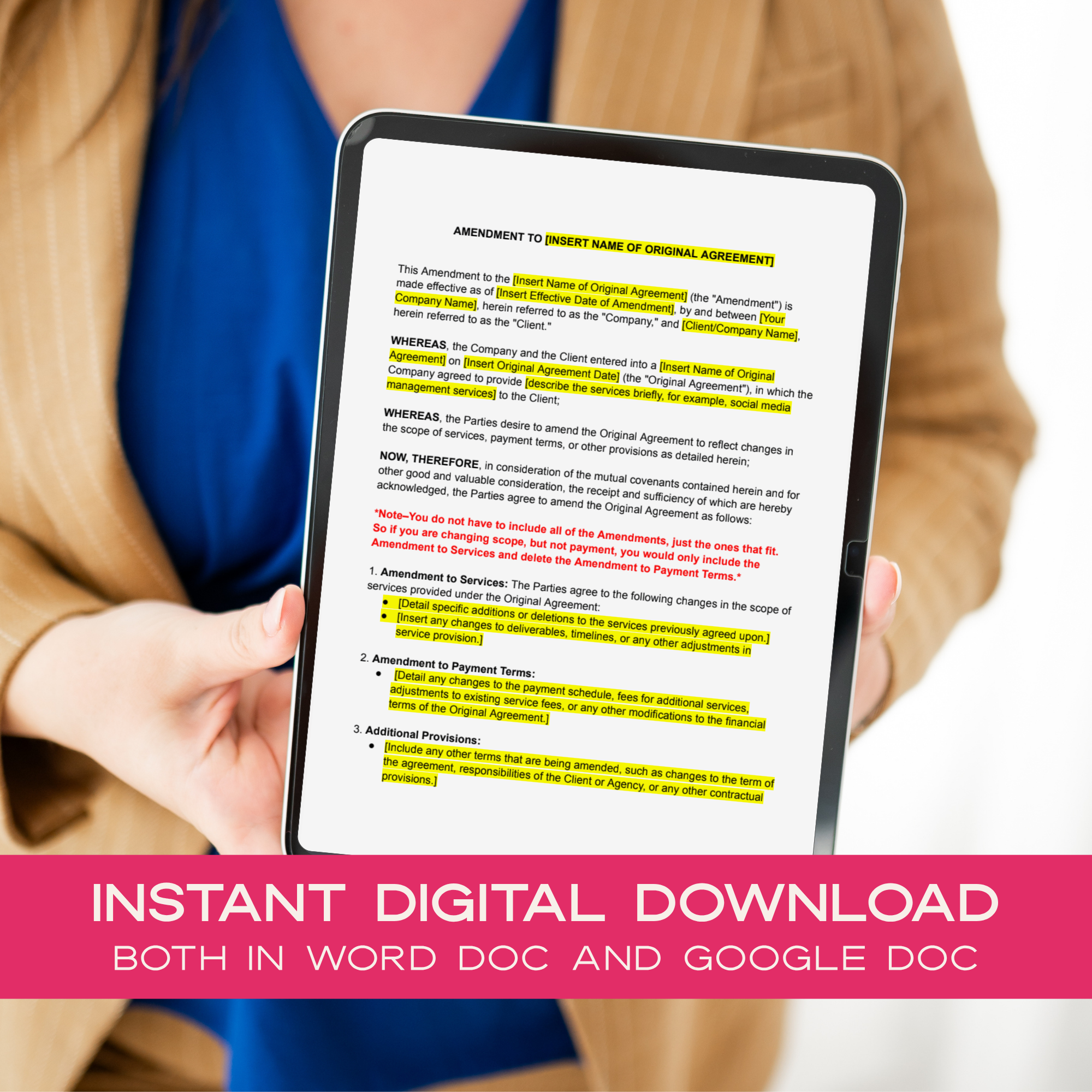 Person holding a tablet with a Contract Amendment Agreement template on screen, with promotional text about instant digital download.