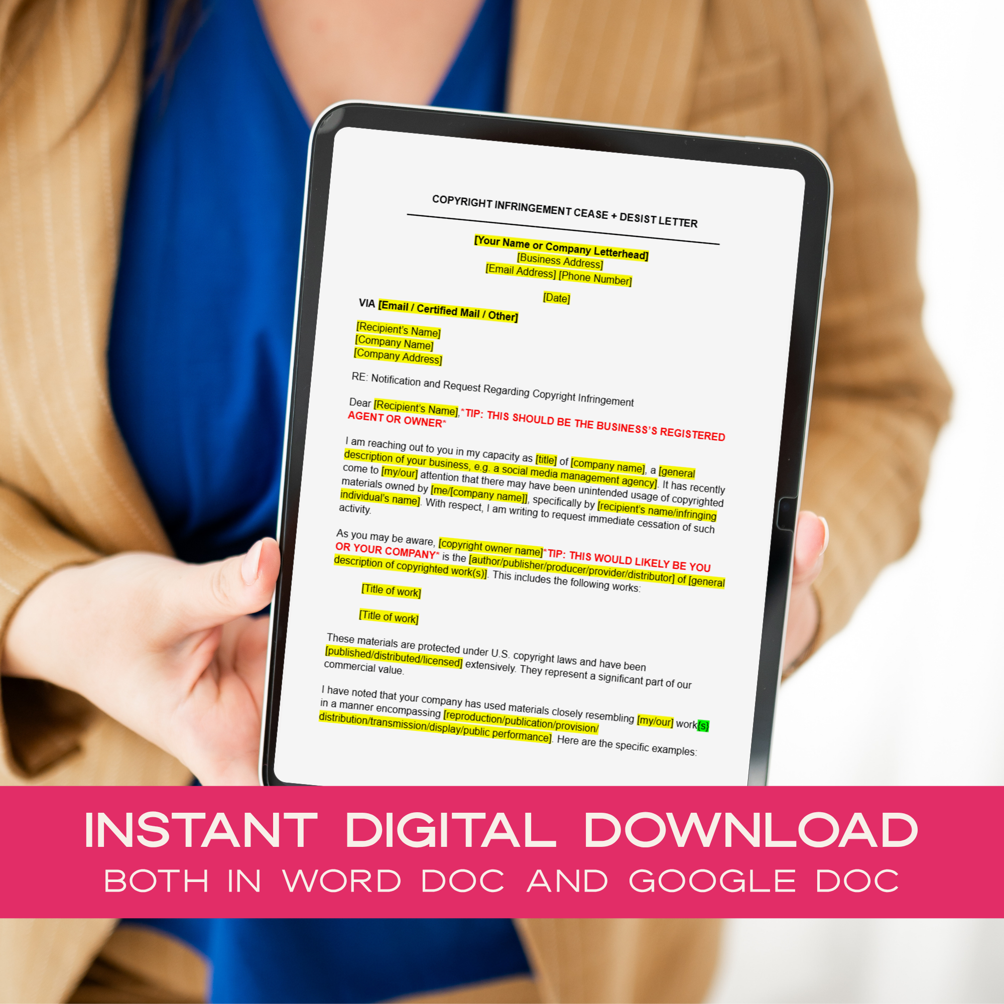 Person holding a tablet with a Copyright Ingfringement Cease and Desist Letter on screen, with promotional text about instant digital download.
