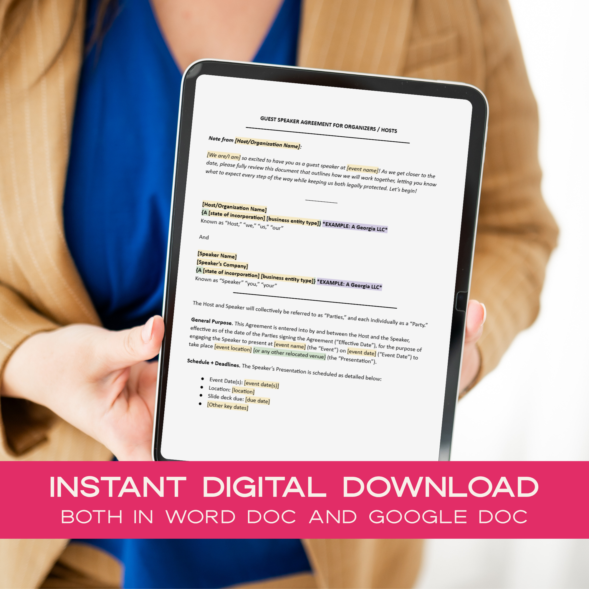 Person holding a tablet with a Speaker Agreement for Organizers/Hosts template on screen, with promotional text about instant digital download.