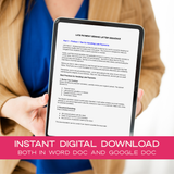 Person holding a tablet with a Late Payment Demand Letter Sequence on screen, with promotional text about instant digital download.