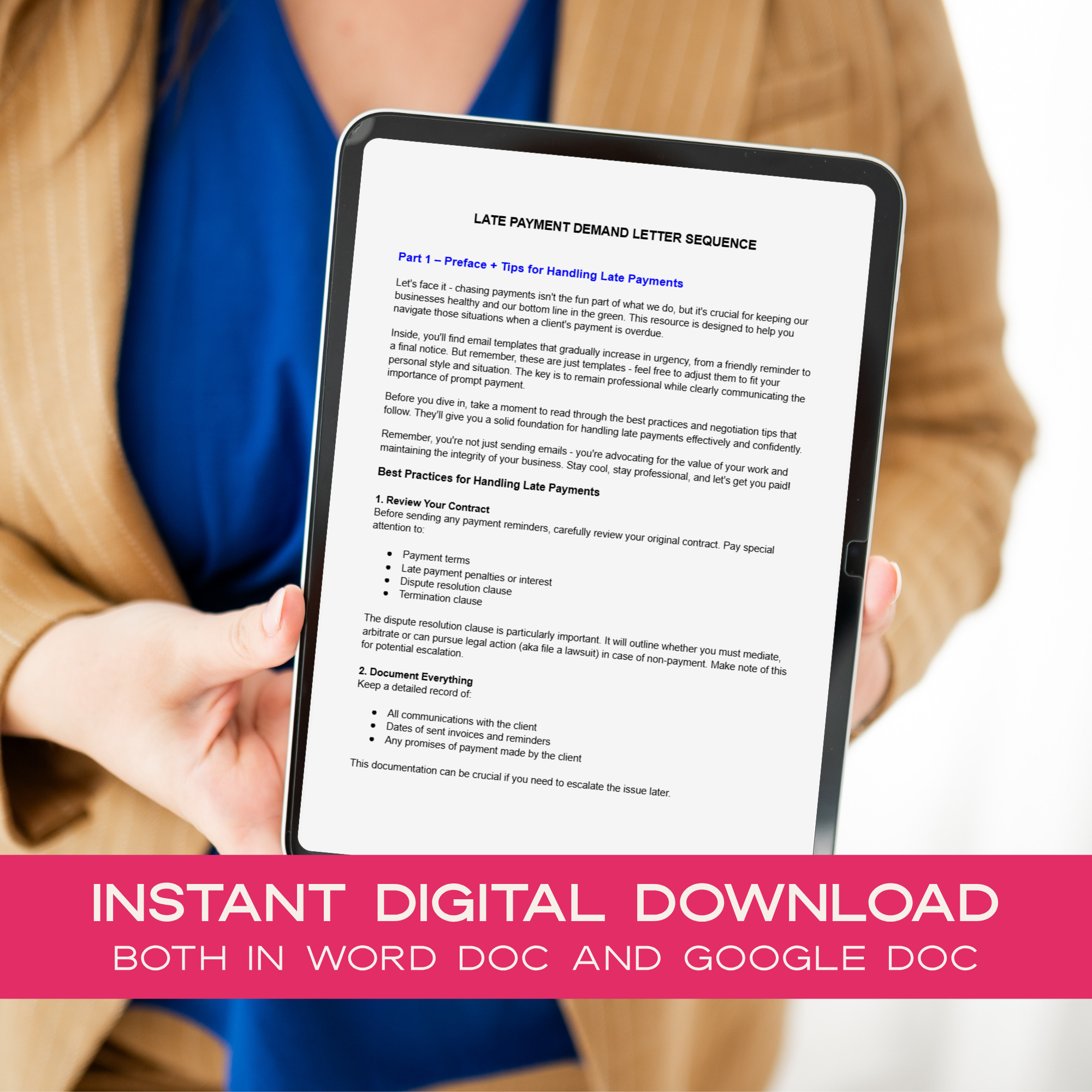 Person holding a tablet with a Late Payment Demand Letter Sequence on screen, with promotional text about instant digital download.