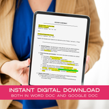 Person holding a tablet with a Speaker Agreement template on screen, with promotional text about instant digital download.