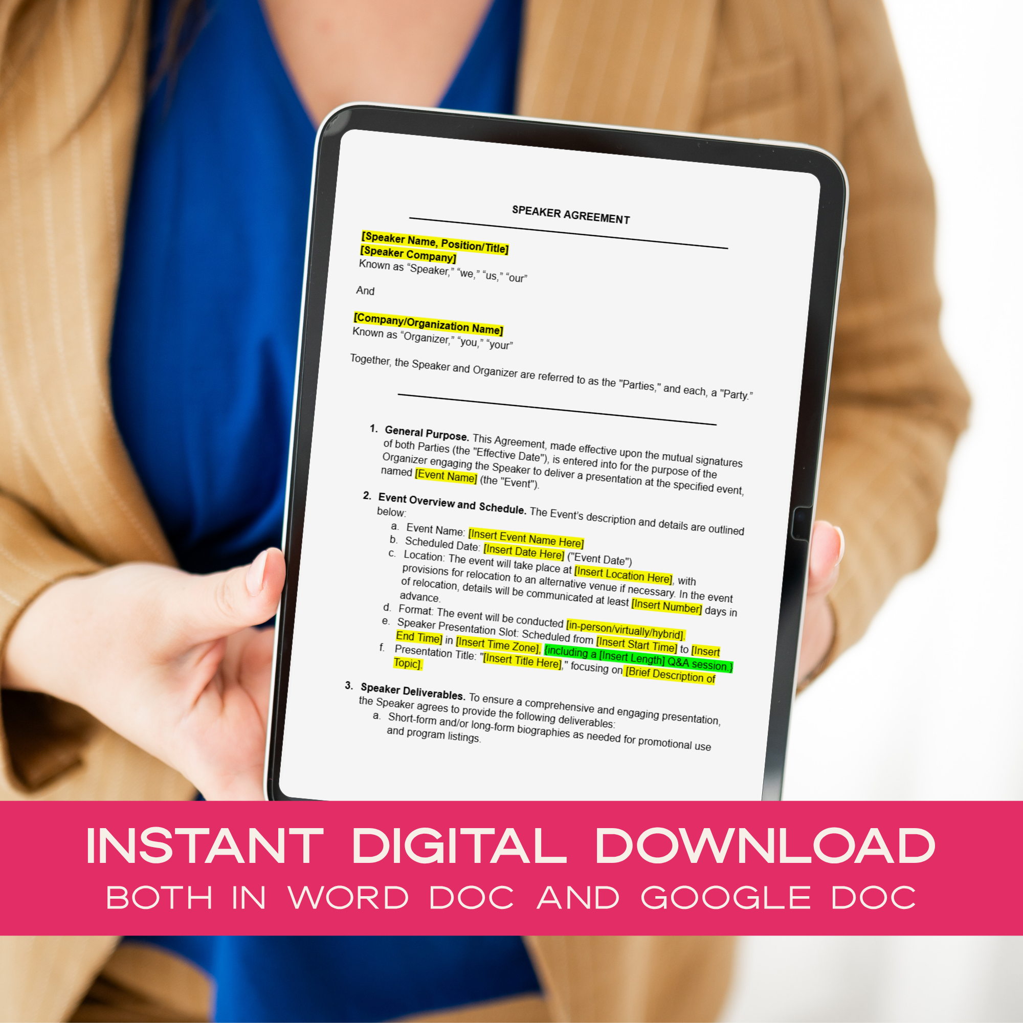 Person holding a tablet with a Speaker Agreement template on screen, with promotional text about instant digital download.