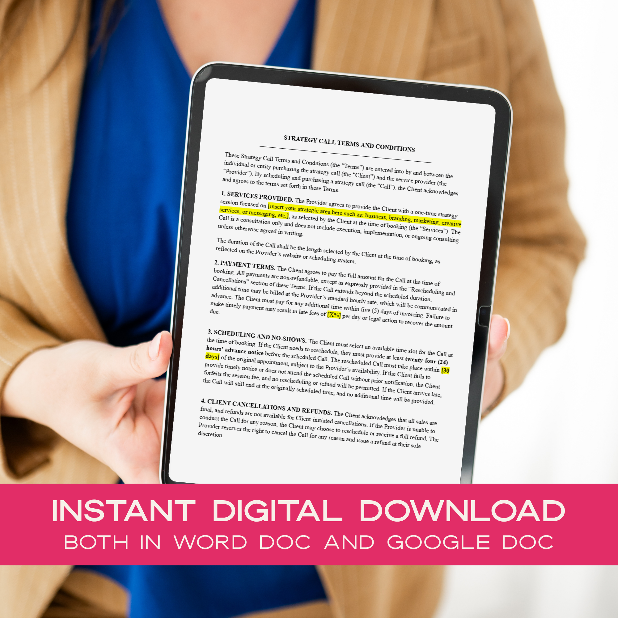 a behind the scenes look at the customizable strategy call terms and conditions legal template and agreement with a pink banner saying "instant digital download both in word doc and google doc"