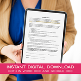 Person holding a tablet with a Testimonial Release document on screen, with promotional text about instant digital download.