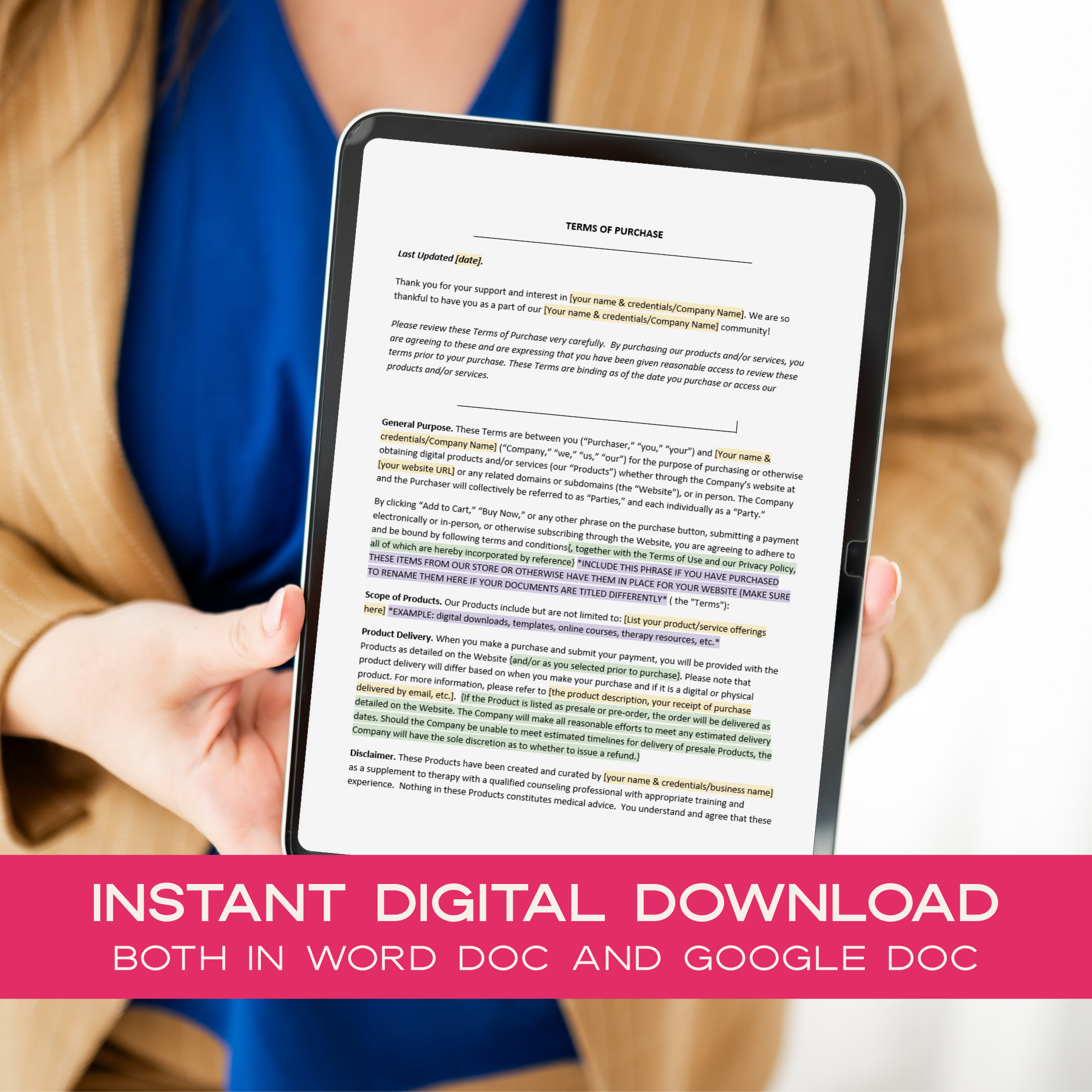 Person holding a tablet with a document displayed, with text about instant digital download.