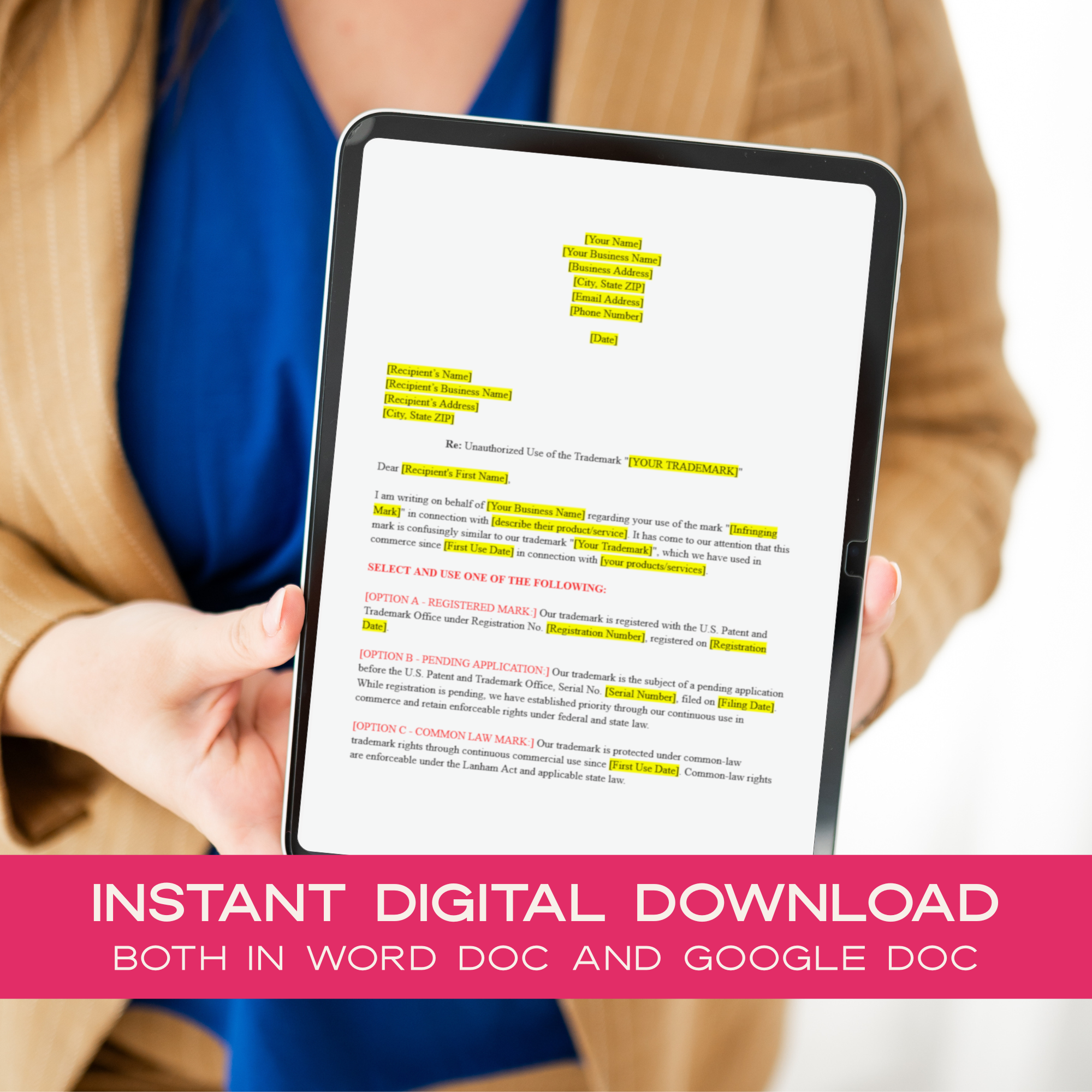 Person holding a tablet with a Trademark Infringement Cease and Desist Letter template on screen, with promotional text about instant digital download.