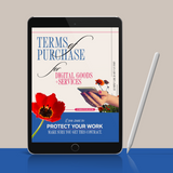 Digital tablet displaying a "Terms of Purchase for Digital Goods + Services" with flower and a hand holding a phone, stylus beside it.