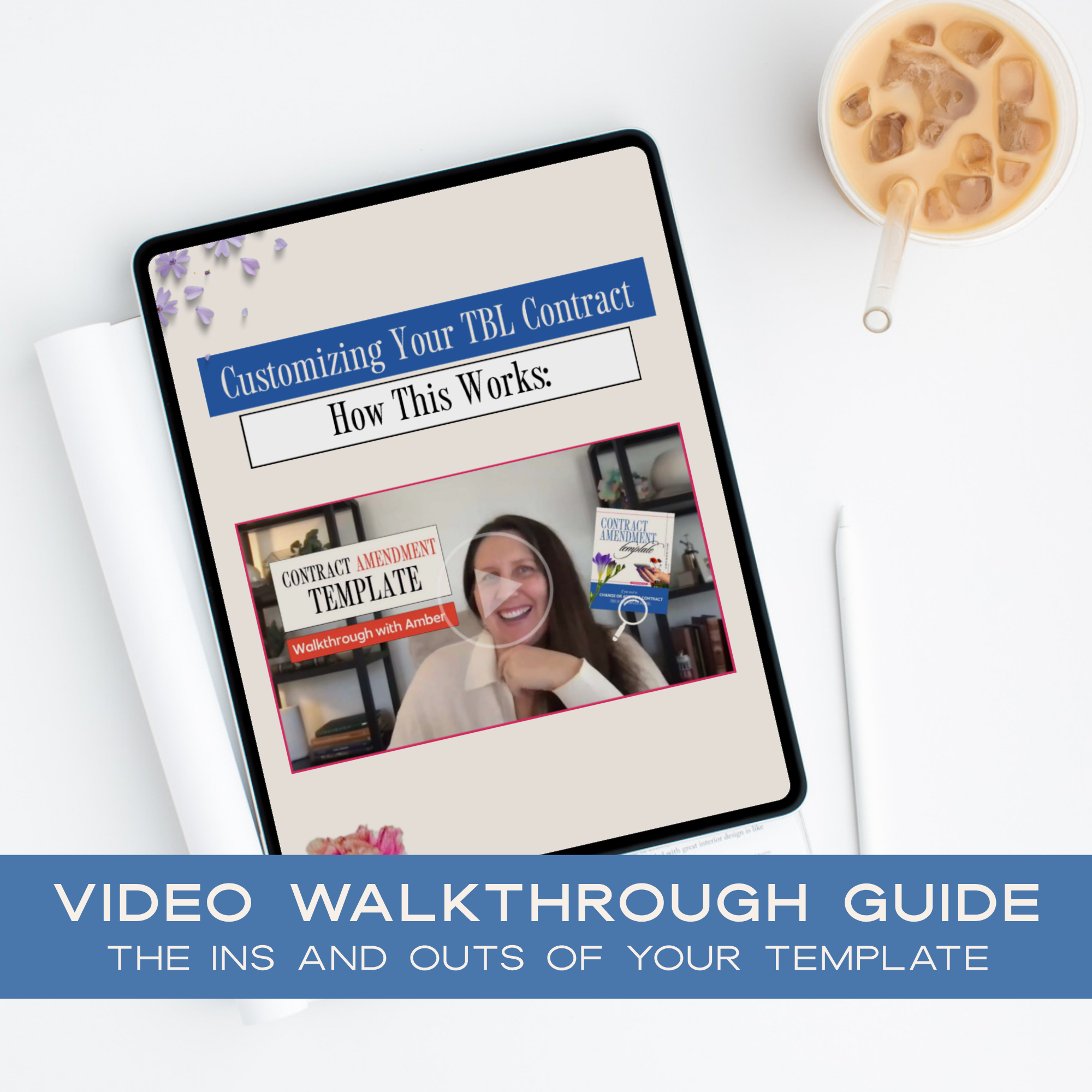 Tablet displaying a video walkthrough guide on customizing a contract amendment template with a coffee cup on a white surface.