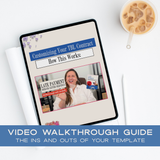 Tablet displaying a video walkthrough guide on customizing a Late Payment Demand Letter Sequence contract with a coffee cup on a white surface.