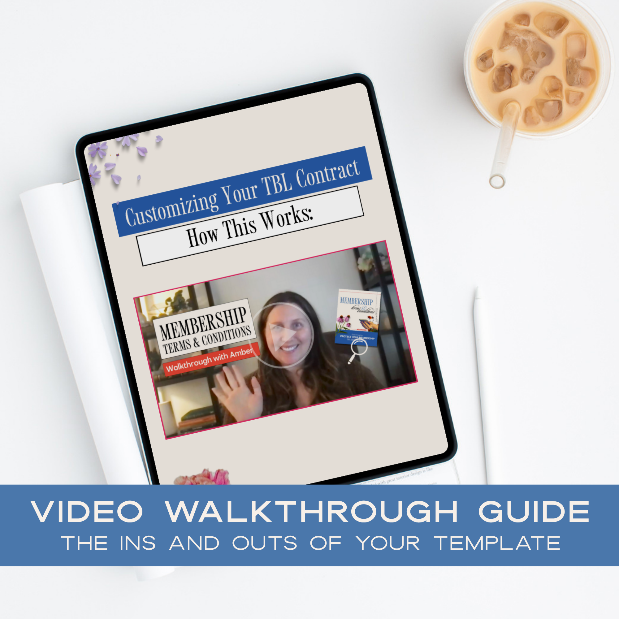 Tablet displaying a video walkthrough guide on customizing a Membership Terms and Conditions contract template with a cup of coffee in the background.