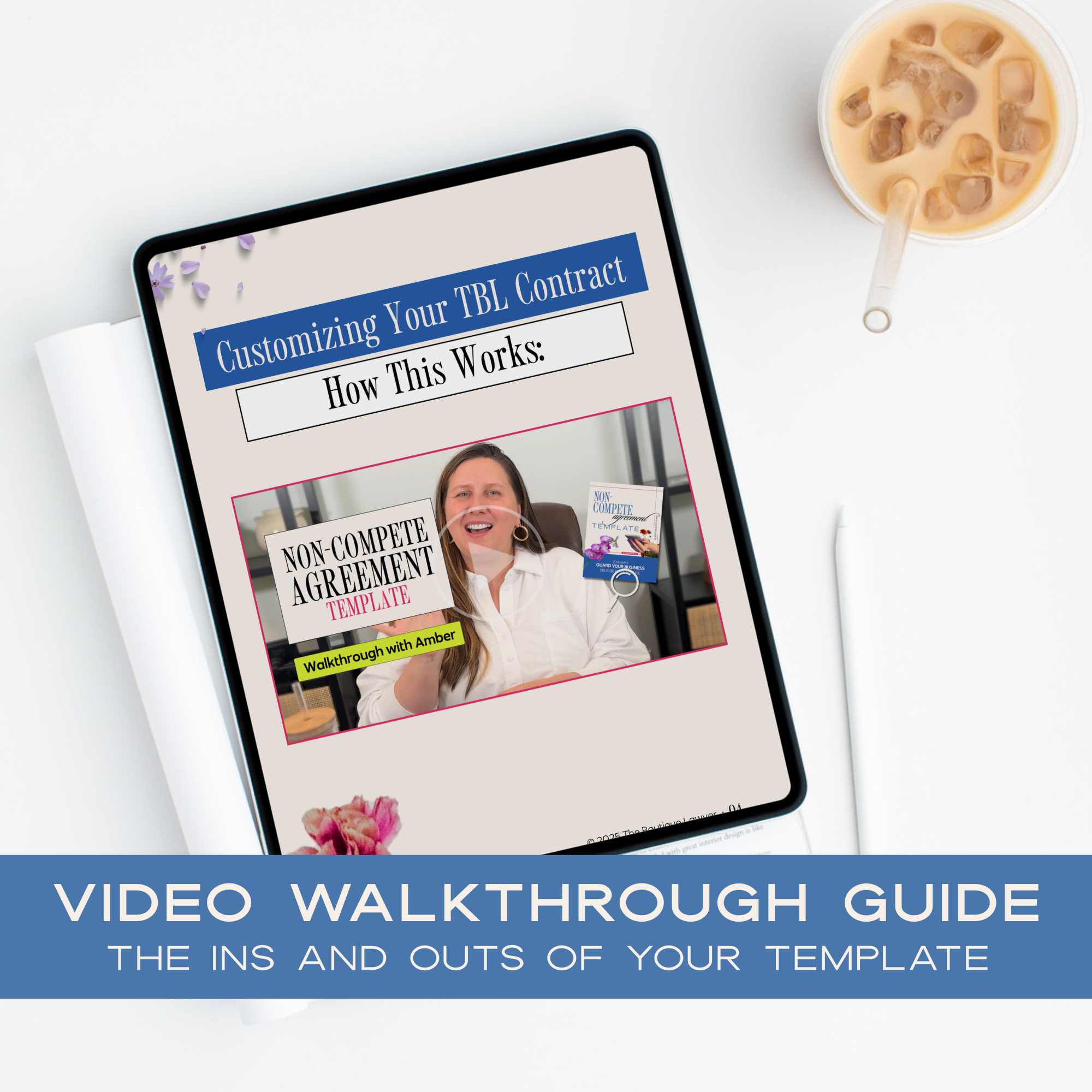 Tablet displaying a video walkthrough guide on customizing a Non-Compete Agreement contract template with a coffee cup in the background.