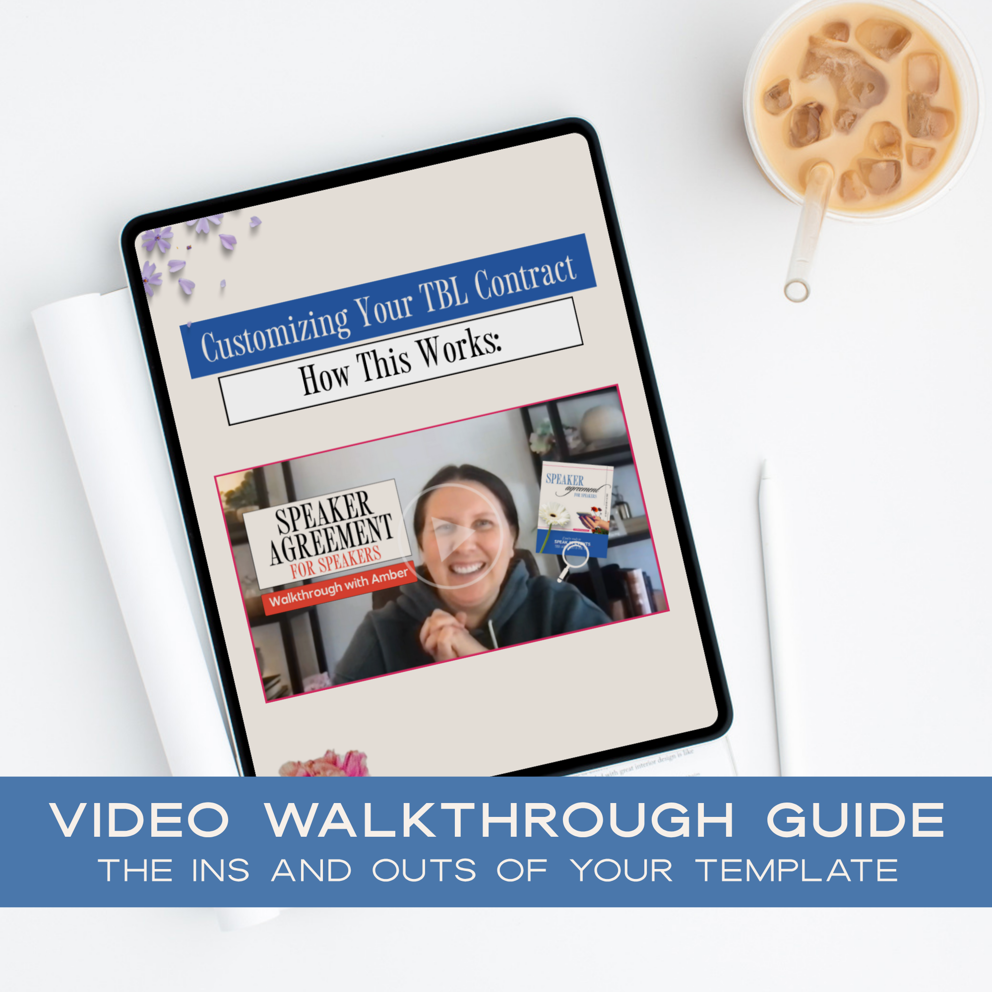 Tablet displaying a video walkthrough guide on customizing a Speaker Agreement contract with a coffee cup on a white surface.