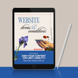 Tablet displaying a 'Website terms & conditions' document with a stylus on a blue and beige background