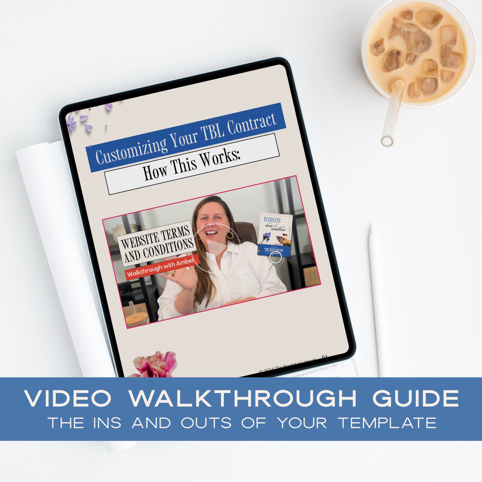 Tablet displaying a video walkthrough guide on customizing a Website Terms and Conditions contract with a coffee cup on a white surface.