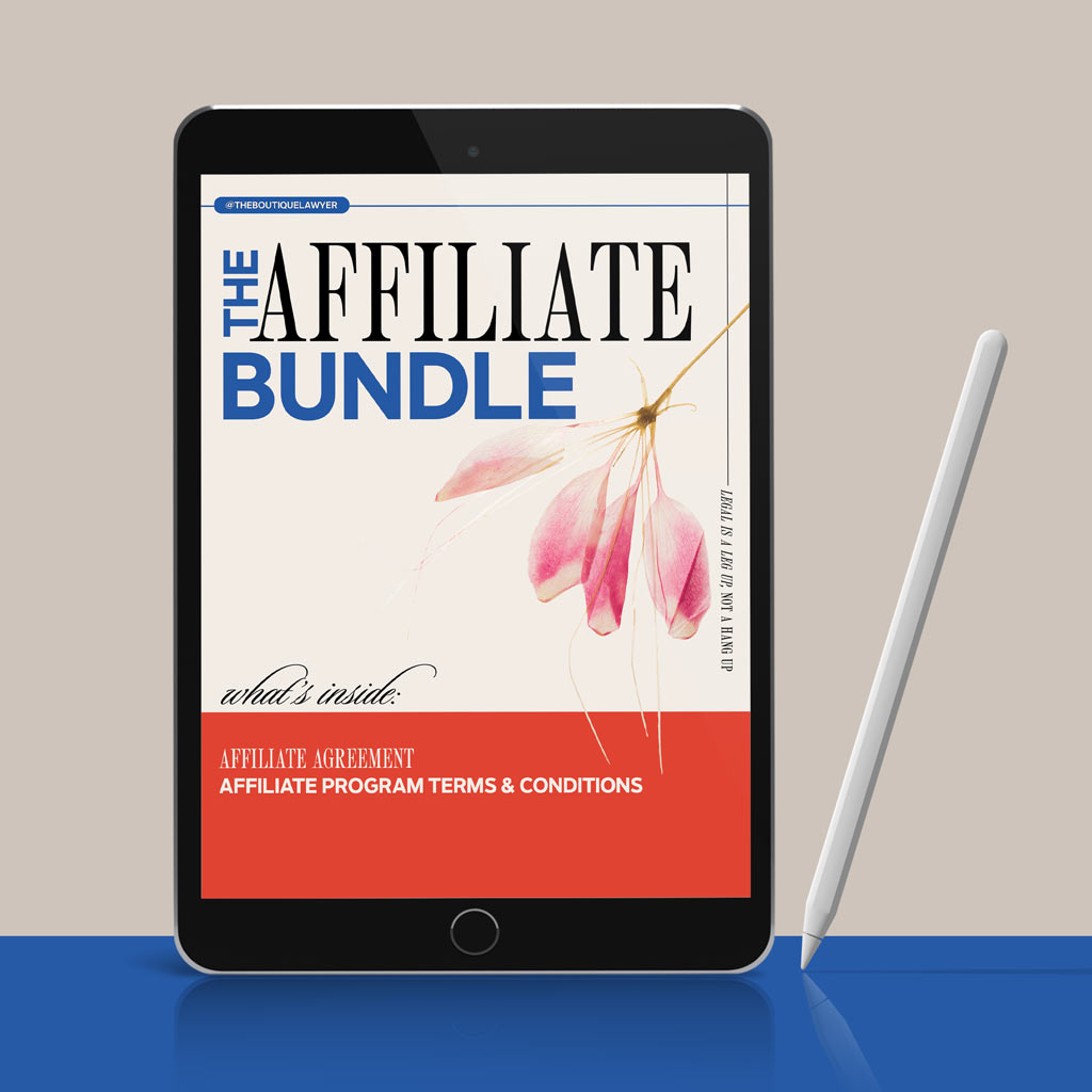 A tablet displaying &quot;THE AFFILIATE BUNDLE&quot; document with a flower, listing contents including an Agreement and Affiliate Program Terms &amp; Conditions, with a stylus beside it.