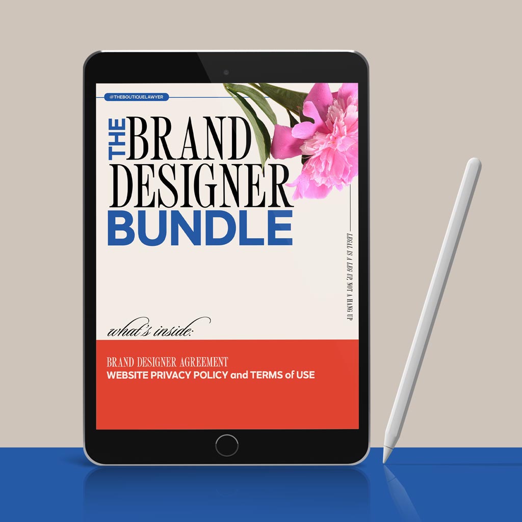 A tablet displaying "THE BRAND DESIGNER BUNDLE" document with a flower, listing contents including an Agreement, Website Privacy Policy and Terms of Use, with a stylus beside it.