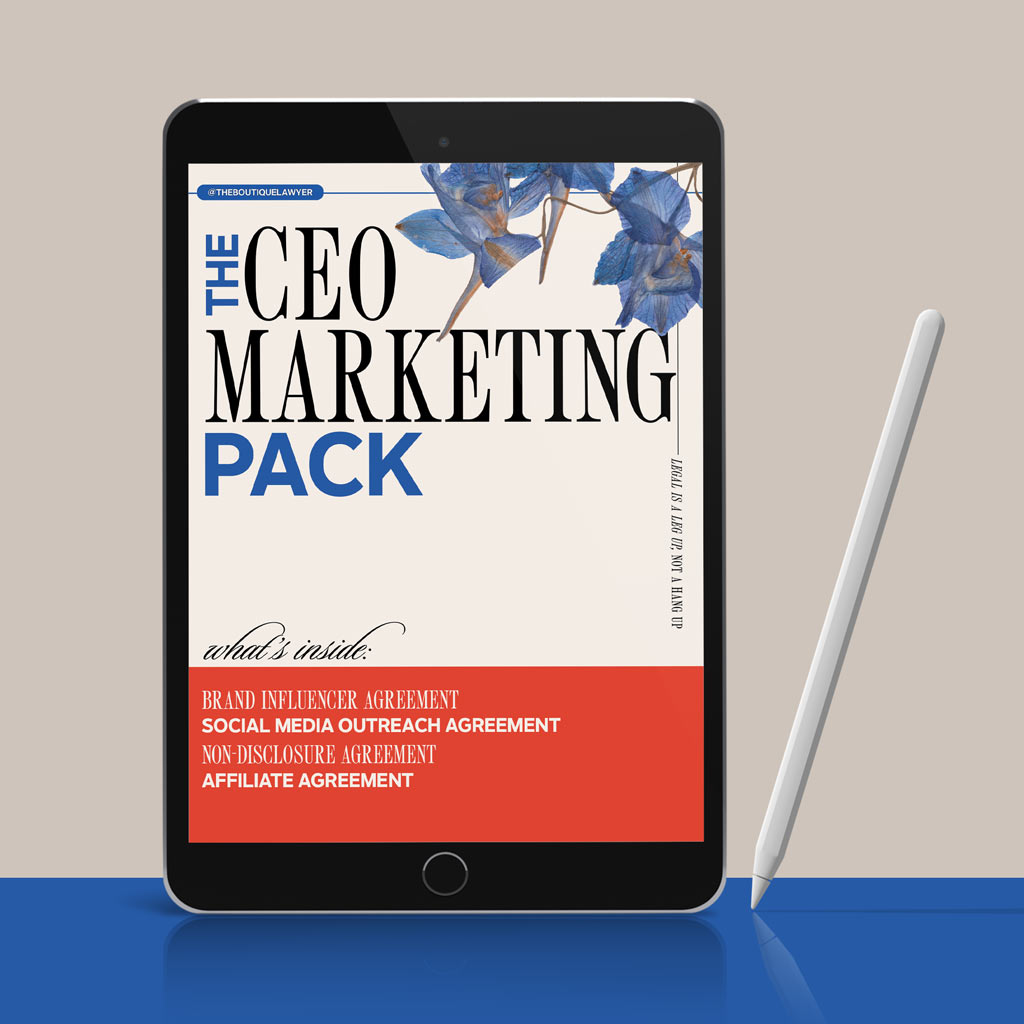 A tablet displaying "THE CEO MARKETING PACK" document with a flower, listing contents including a Brand Influencer Agreement, Social Media Outreach Agreement, Non Disclosure Agreement, Affiliate Agreement, with a stylus beside it.