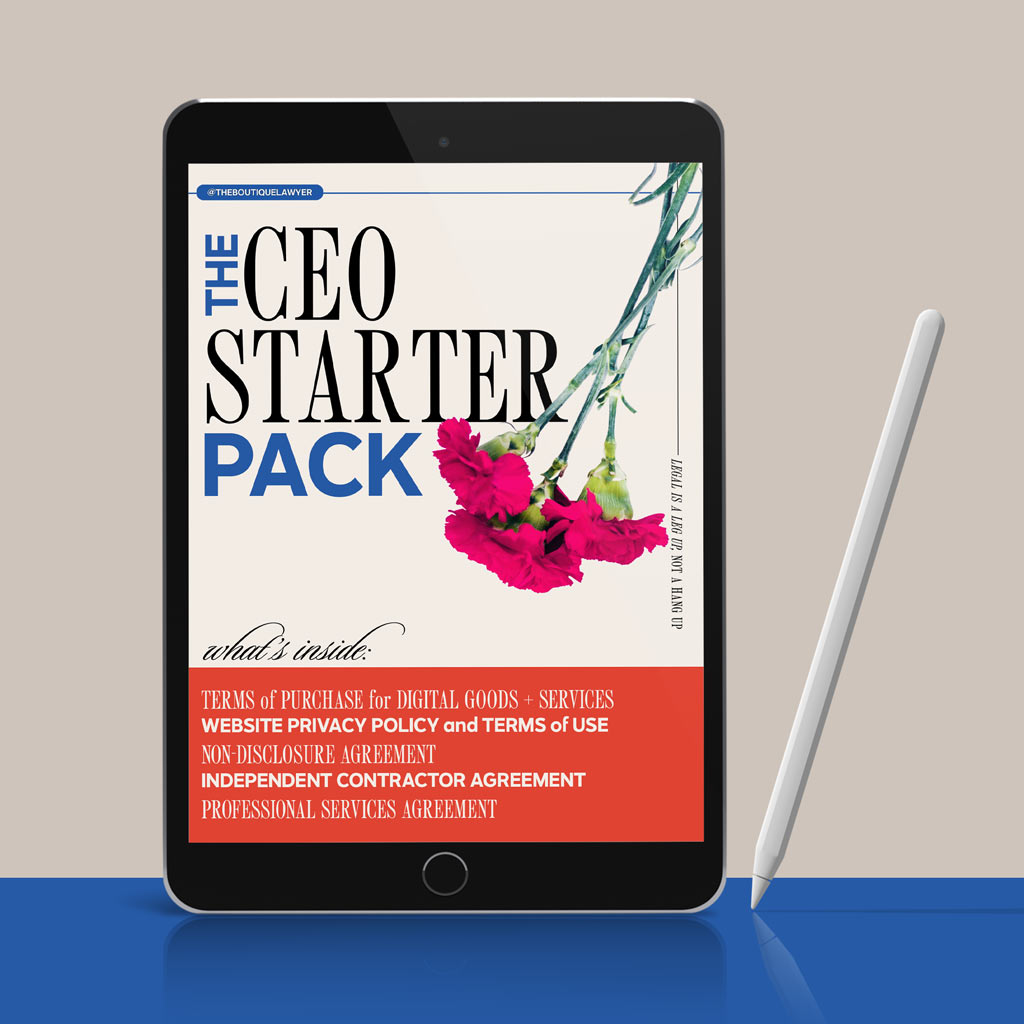 A tablet displaying "THE CEO STARTER PACK" document with a flower, listing contents including a Terms of Purchase for Digital Goods + Services, Website Privacy Policy and Terms of Use, Non Disclosure Agreement, Independent Contractor Agreement, and a Professional Services Agreement, with a stylus beside it.