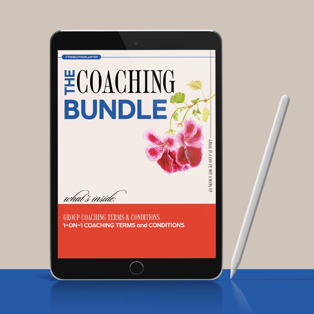 A tablet displaying &quot;THE COACHING BUNDLE&quot; document with a flower, listing contents including an Agreement and Privacy policy with terms of use, with a stylus beside it.