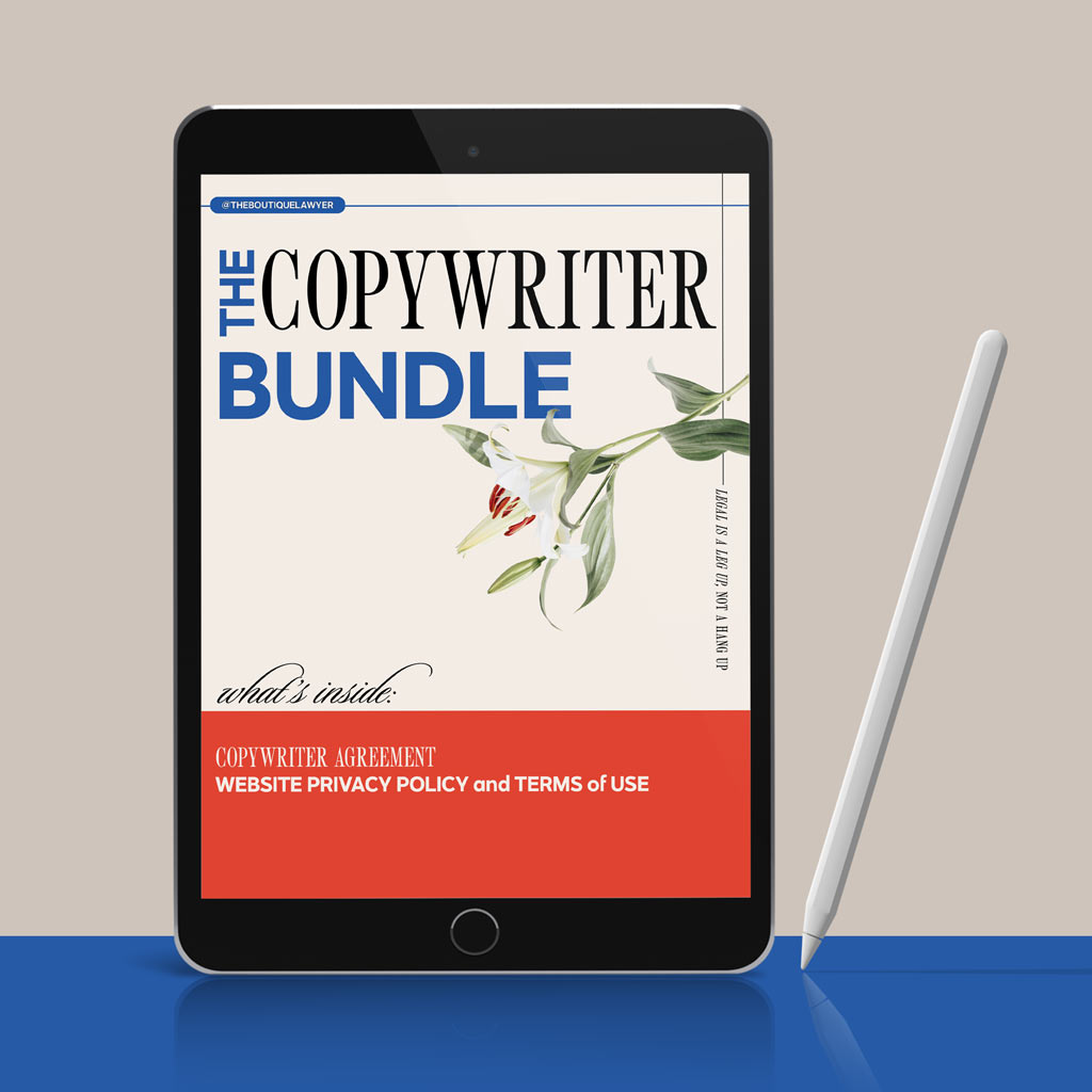 A tablet displaying "THE COPYWRITER BUNDLE" document with a flower, listing contents including an Agreement, Website Privacy Policy and Terms of Use, with a stylus beside it.