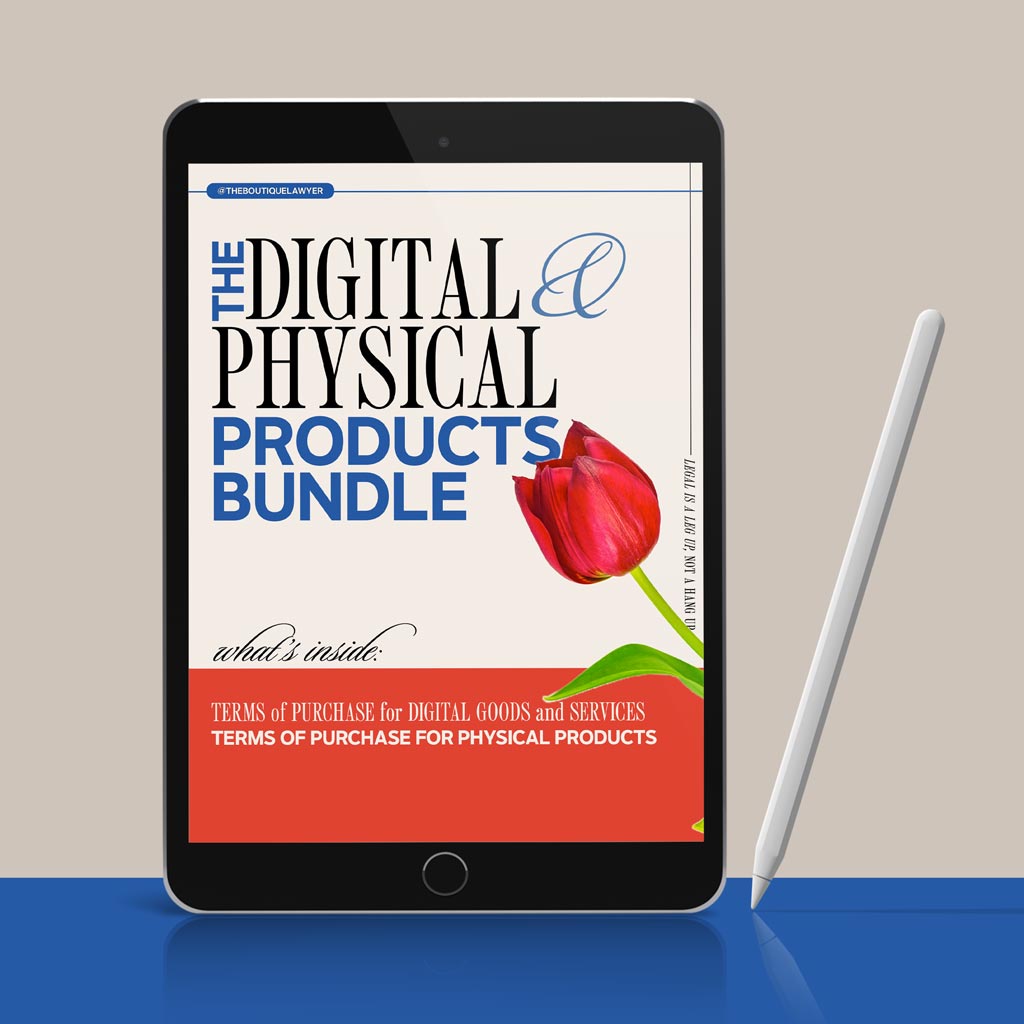 A tablet displaying &quot;THE DIGITAL &amp; PHYSICAL PRODUCTS BUNDLE&quot; document with a flower, listing contents including a Terms of Purchase for Digital Goods + Services and Terms of Purchase for Physical Products, with a stylus beside it.