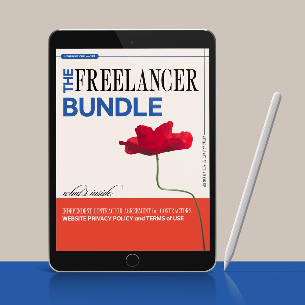 A tablet displaying "THE FREELANCER BUNDLE" document with a flower, listing contents including an Agreement and Privacy policy with terms of use, with a stylus beside it.